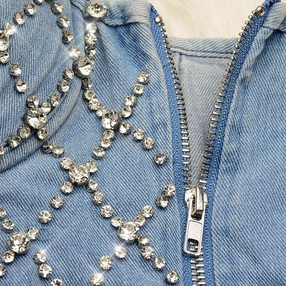 NEW Sparkling Bling Swarovski Crystal Rhinestone Denim Jeans Bustier Bra… - Picture 7 of 10